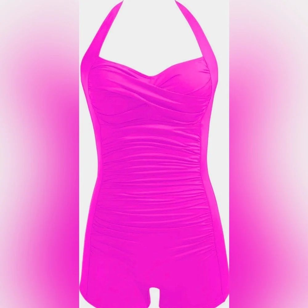 Tempt Me Women Hot Pink Tummy Control One Piece Swimsuits with Boyleg Shorts - Picture 5 of 10